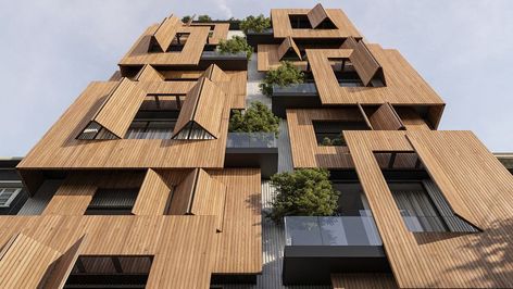 3 Storey Residential Building Design, Architecture Wood Facade, Unique House Facade, Residential Buildings Architecture, Unique Facade Architecture, Luxury Apartment Architecture, Unique Apartment Building, Wood Apartment Building, Unique Facade Design