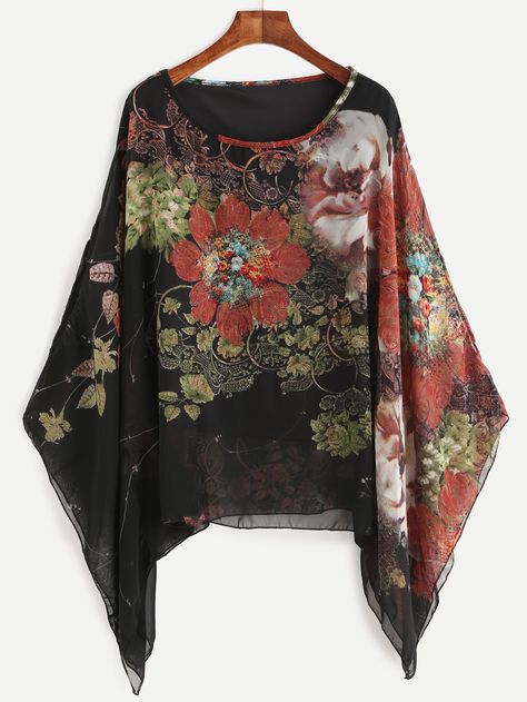 Shop Kimono Sleeve Florals Chiffon Blouse online. SheIn offers Kimono Sleeve Florals Chiffon Blouse & more to fit your fashionable needs. Kimono Sleeve Top, Batwing Sleeve Top, Batwing Sleeve Blouse, Kaftan Designs, Floral Chiffon Blouse, Women Blouses Fashion, Tops Blouse, Black Floral Print, Floral Print Shirt