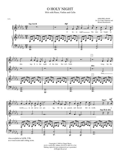 O+Holy+Night,+SSA+with+Violins+and+Cello+(by+Bonnie+Heidenreich+--+SSA) O Holy Night Sheet Music, Music Competition, Oh Holy Night, O Holy Night, Holy Night, Piano Sheet Music, Violin, Sheet Music, Songs