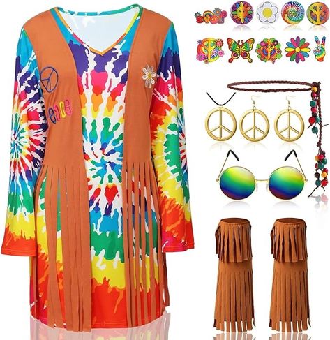 Amazon.com: 18 Pcs 60s 70s Women Hippie Costume Set Peace Sign Earring Necklace Headband Dress Ankle Socks Sunglass Hippie Tattoo Pins : Clothing, Shoes & Jewelry Headband Dress, Hippie Tattoo, Flower Power Hippie, Hippie Accessories, Hippie Party, Outfit Retro, 70s Women, 70s Outfits, Hippie Costume