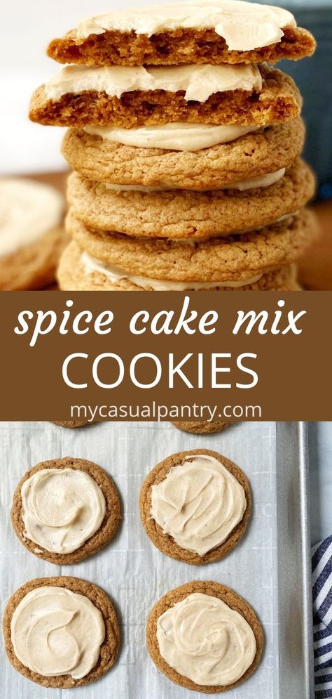 Spice Cake Mix Cookies, Spice Cake Mix Recipes, Cookies Frosting, Pumpkin Cake Mix, Cake Box Cookies, Brown Butter Frosting, Cake Mix Desserts, Spice Cake Recipes, Soft Cookies