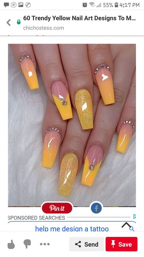 Almond Nail Art, Yellow Nail Art, Yellow Nails Design, Acrylic Coffin, Summer Acrylic Nails, Pretty Nail Art, Nail Designs Glitter, Acrylic Nail Art, Yellow Nails