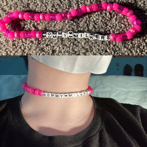 Silly Bracelet Ideas, Rave Gifts, Funny Kandi Bracelets Sayings, Rave Kandi Bracelets Sayings, Kandi Words Ideas, Kandi Sayings Rave, Dirty Kandi Bracelets, Kandi Choker, Mommy Milkers