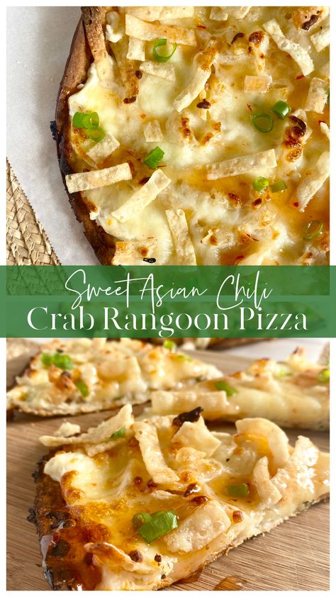 Sweet Asian Chili Crab Rangoon Pizza Crab Rangoon Pizza, Crab Rangoon Filling, Asian Chili, Asian Chili Sauce, Chili Crab, Ooni Pizza, Pizza Oven Recipes, Pizza Sandwich, Cooking Pizza