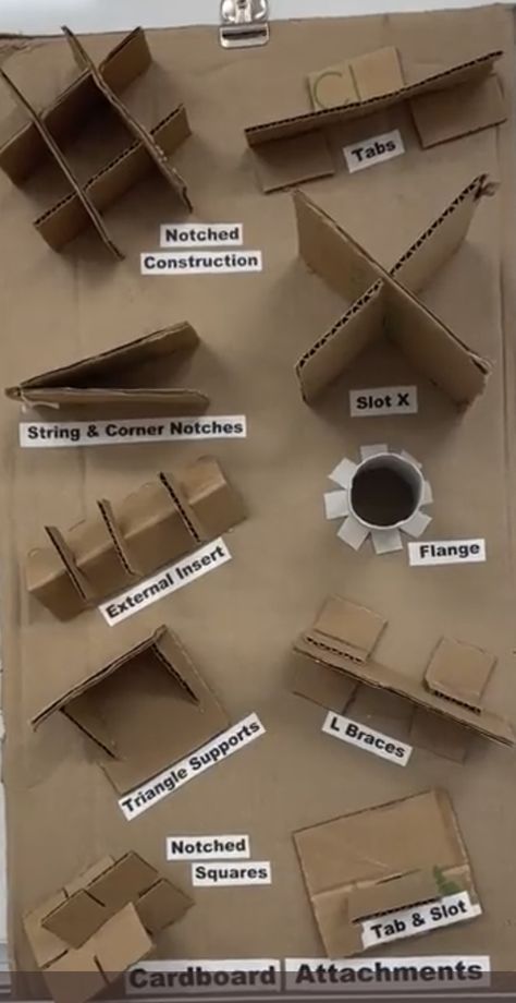 Cardboard Building Techniques, Cardboard Construction Techniques, Cardboard Stem Project, Card Board Crafts Diy Ideas, What To Make Out Of Cardboard, Cardboard Sculpture Ideas, Cardboard Connections, Cardboard Techniques, Cardboard Installation