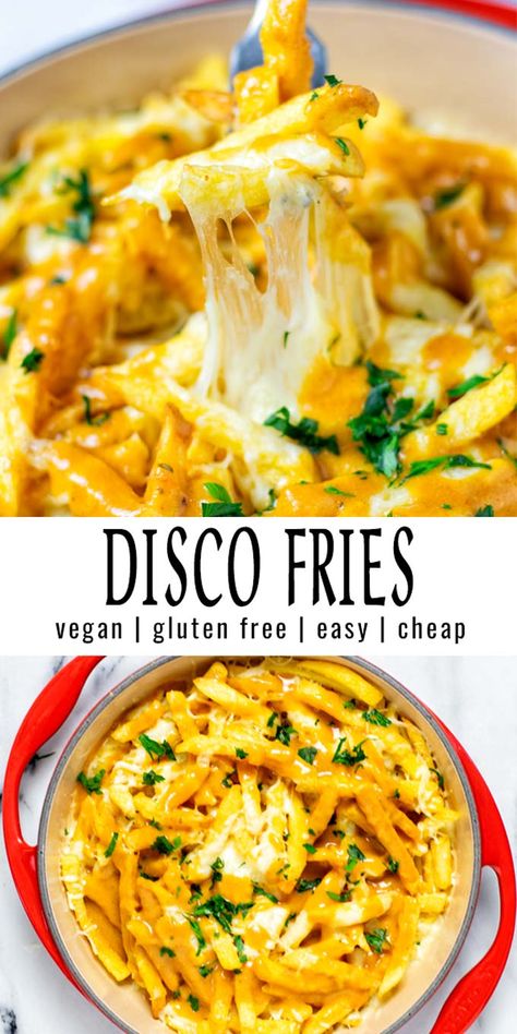 These Disco Fries are made with the best vegetarian gravy. Is is cheesy, hearty, and absolutely delicious comfort food. A keeper that the whole family, even pickiest eaters will enjoy. #vegan #dairyfree #vegetarian #discofries #dinner #lunch #gravy #contentednesscooking Vanlife Meals, Vegan Whole Food Recipes, Gourmet Vegetarian Recipes, Vegetarian Meals Easy, Disco Fries, Dinner Ideas Vegetarian, Cheap Vegetarian Meals, Veggie Dinners, Vegetarian Gravy