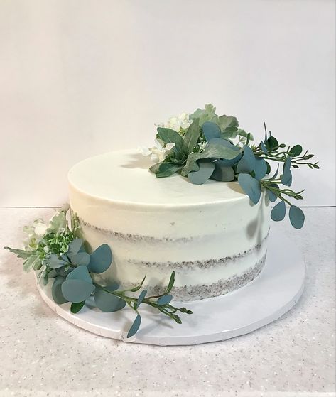 Cake Decorated With Eucalyptus, Simple White Cake With Greenery, One Tier Wedding Cake With Greenery, White Cake Eucalyptus, White Cake Greenery, White Cake With Eucalyptus, Eucalyptus On Cake, One Tire Wedding Cake, White Cake With Eucalyptus Leaves