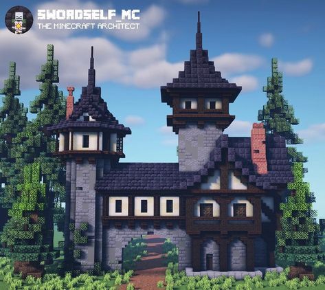 Swordself_MC on Instagram: “House over the road with a couple of towers! 🏡 —————————————————— Follow me for more Minecraft building ideas and inspiration!💡 Reddit:…” Minecraft Archway Design Cottagecore, Minecraft House Plans How To Build, Minecraft Shopping District Ideas, Exterior Minecraft Ideas, Minecraft Castle Ideas Easy, Circle Roof Minecraft, Deep Slate House Minecraft, Minecraft Grand Staircase, Minecraft Gate Entrance