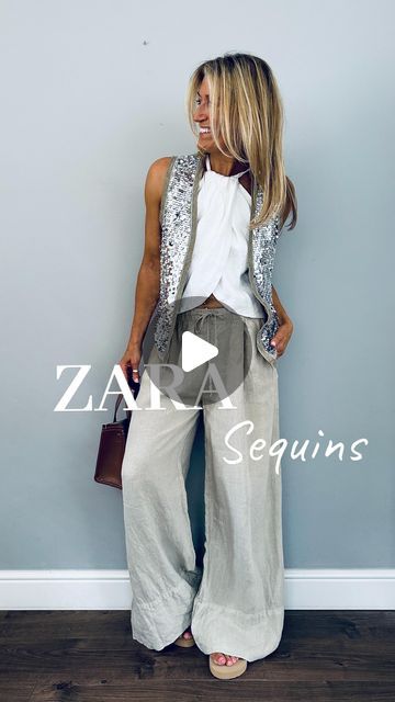 Abi Norman on Instagram: "Summer sequins…yay or nay?

I am a total sucker for sparkly things and I love the look of sequins and denim - the perfect combination of glam and casual✨

The one shoulder top & waistcoat are both @Zara and they will add a nice bit of interest to any outfit. I will link both in stories.

Jeans @urbanoutfitters - old 
Belt @hm - old
Tan shoulder bag - old

Linen top & trousers both @zara last year
Small tan bag @zara - current 

#zarastyle #zaraoutfit #zarawoman #summersequins #sequins #accessorise #glamorousoutfit #casualchic #casualstyle" Sequin Waistcoat Outfit, Zara Top Outfit, Zara Outfit 2024, Summer Sequins, Waistcoat Outfit, Sequin Jeans, Zara Summer, Bag Zara, Tan Shoulder Bag