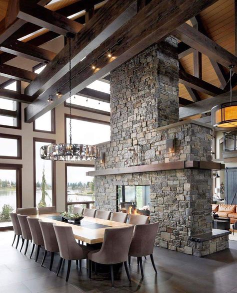 Mountain Home Interiors, Two Sided Fireplace, Modern Lodge, Rustic Home Interiors, Modern Mountain Home, Modern Rustic Homes, Bed Design Modern, Rustic Dining Room, Inspire Me Home Decor