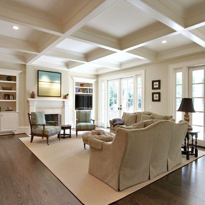 Love the color of these hardwood floors - “The floors were sanded and finished on site. They are 5" red oak stained with a blend of 50% special walnut and 50% dark walnut (Minwax) Gary Dresser Dresser Homes” http://www.houzz.com/photos/189366/Family-Room-traditional-family-room-atlanta Traditional Family Room, Traditional Staircase, White Oak Floors, White Paint Colors, Living Room Ceiling, Interior Paint Colors, Traditional Living, Traditional Living Room, Coffered Ceiling