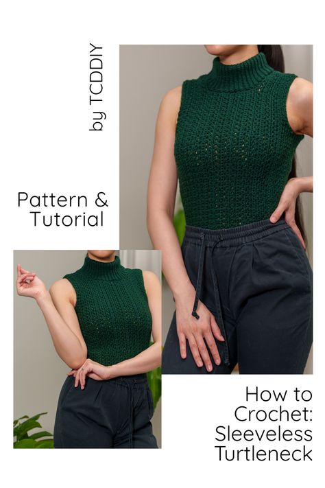 Looking for a creative and beautiful way to express your love for crochet? Look no further! Our step by step crochet pattern will help you create stunning and unique pieces. Whether you're a beginner looking for an easy tutorial or a more experienced crocheter inspired by elegant photo patterns, our simple and easy to follow crochet patterns will help you reach your goal. Click me for the patterns now and let the crafting begin! Knit Sleeveless Turtleneck Pattern, Turtle Neck Crochet Top, Crochet High Neck Tank Top, Crochet Turtleneck Top, Crochet Sleeveless Turtleneck, Crochet High Neck Top, Crochet Turtleneck, Crochet Wardrobe, Crochet Sleeveless Top