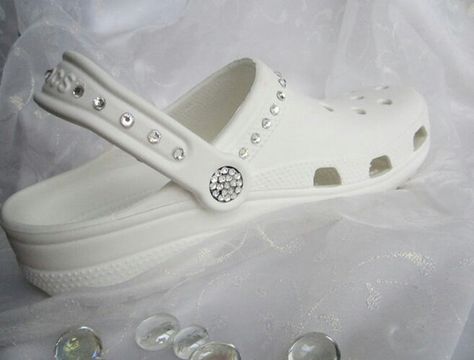 Probably terribly comfortable, but friends don't let friends wear crocs. Maids of honor... don't allow this bedazzled temptation near the bride. Wedding Crocs, Cowgirl Boots Wedding, Bride Sandals, Classic Black Boots, Wedding Boots, White Wedding Shoes, Bride Accessories, Military Boots, Bride Shoes