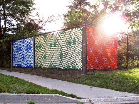 The Wallpapers   Outdoor site-specific installation  Fence weave and put-in cups on a chain-link fence         2013 Fence Weaving, Pagar Modern, Fence Art, Modern Fence, Solar Installation, Chain Link Fence, School Garden, Fence Decor, Outdoor Wood