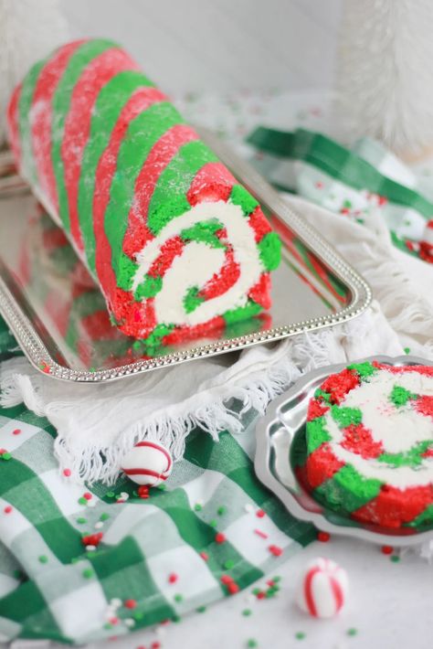 How to Make a Christmas Cake Roll - Baking with Blondie Peppermint Roll, Christmas Cake Roll, Natural Red Food Coloring, Christmas Log Cake, Baking With Blondie, Cake Batter Recipes, Jelly Roll Cake, Pruvit Keto, Striped Cake