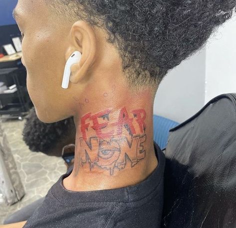 Dope Neck Tattoos For Men, Neck Quote Tattoo, Middle Neck Tattoo Men, Neck Tats For Men, Fear None Tattoo, Rip Tattoos For Men, Small Neck Tattoos Men, Hood Tattoo For Men, R.i.p Tattoos For Men