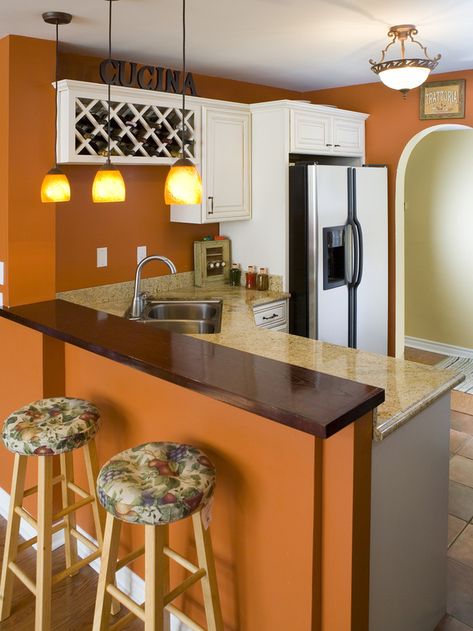 - Orange Kitchen Walls, Lampe Art Deco, Kitchen Wall Colors, Modular Kitchen Design, Condo Kitchen, Orange Kitchen, Kitchen Walls, Kitchen Paint Colors, Best Kitchen Designs