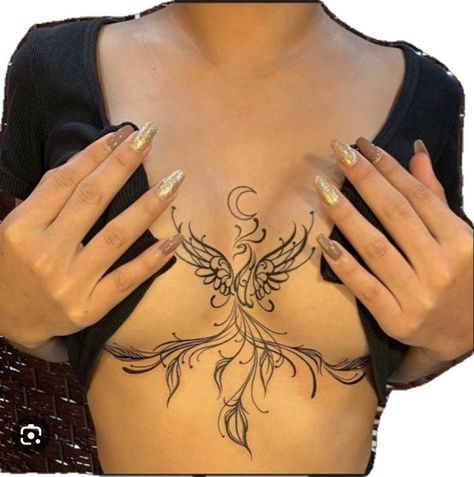 Chest Sternum Tattoo Female, Ladies Chest Tattoo Ideas, Chest Tattoo Female Dragon, Chest Tatoos Woman, Underboob Tattoos For Women Unique, Pretty Sternum Tattoo, Tattoo Around Breast, Tattoo Below Breast, Tigh Tattoo Woman