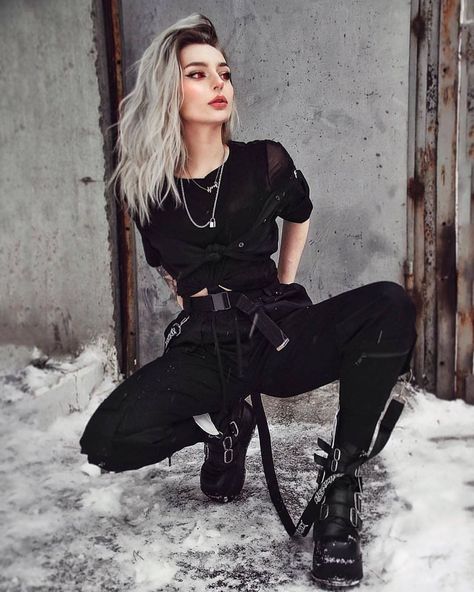 Techwear Outfits, Techwear Fashion, Goth Outfit, Cyberpunk Fashion, All Black Outfit, Edgy Outfits, Dark Fashion, Crochet Afghan, White Hair