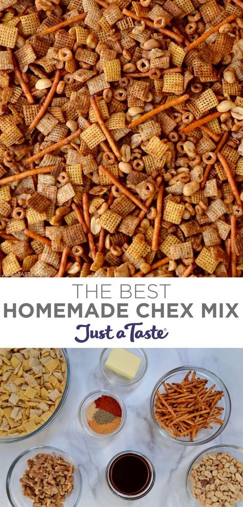 Top image: A close-up view of homemade Chex mix with Cheerios, nuts and pretzel sticks. Bottom image: A top-down view of various sizes of clear bowls containing butter, pretzel sticks, peanuts, Worcestershire sauce, spices, walnuts and Chex cereal. Chex Mix Seasoning, Healthy Chex Mix, Savory Chex Mix Recipes, Homemade Chex Mix Recipe, Homemade Chex Mix, Trail Mix Recipes, Just A Taste, Chex Mix Recipes, Holiday Favorite Recipes