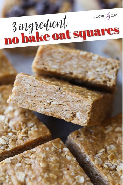 These simple 3 Ingredient No Bake Peanut Butter Oat Squares can be thrown together in minutes. Use all natural/organic ingredients, if you prefer, for a healthier version! Either way, this oatmeal bar recipe is easy, delicious, and the best snack or dessert. #nobake #peanutbutter #oatsquares #peanutbutterbars #oatmealbars #peanutbutterrecipe #easysnack #3ingredientdessert Easy Oat Bars 3 Ingredients, Oat Squares Recipe, Oat Squares, Peanut Butter Powder Recipes, Oatmeal Bars Healthy, Peanut Butter Oat Bars, Oatmeal Bar, Oat Bar Recipes, Oats Snacks