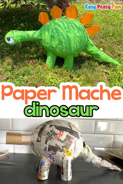 Art Dinosaur Preschool, Cardboard Dinosaur Diy, How To Make A 3d Dinosaur, Dinosaur Elementary Art Projects, Dinosaur Crafts For Middle School, How To Build A Dinosaur, Cardboard Dinosaur Craft, Paper Mache Craft Ideas, Papier Mache Kids