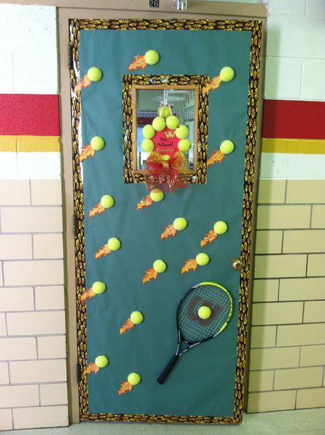 Door I designed and decorated for tennis theme Tennis Decorations, Teacher Appreciation Door Decorations, Teacher Appreciation Doors, Sports Theme Classroom, Sports Classroom, Physical Education Lessons, Ocean Theme Classroom, Classroom Goals, Olympic Theme