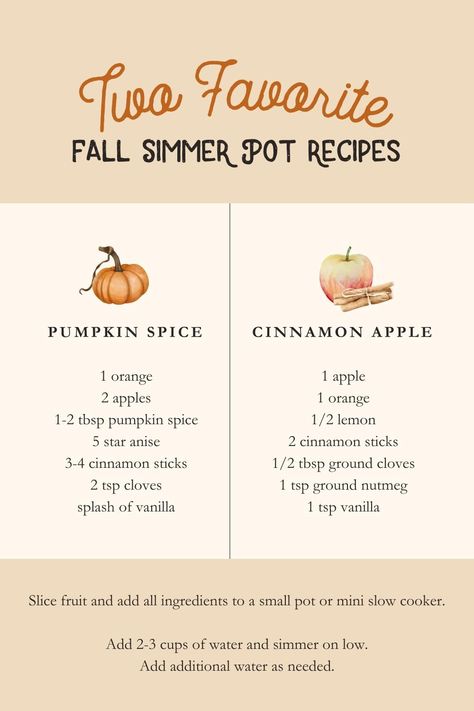 There is absolutely nothing better than a house that smells good when you walk in! One of our favorite ways to do that, besides burning a candle or using a smell-good spray is by stovetop potpourris or simmer pots! There's something about filling a pot with some water, fruit, and spices that feels like the holidays! In this blog we're sharing 2 of our favorite fall simmer pot recipes and more about how you can use our stovetop potpourri gift tags for a cute fall gift for a friend. See it here! Halloween Stovetop Potpourri, Aroma Simmer Pot, Stove Potpourri Fall, How To Make A Fall Simmer Pot, Potpourri Recipes Fall, Diy Fall Simmer Pots, Fall Simmer Pot Smells, Mulling Spices House Smells, Fall Pot Pourri Recipes