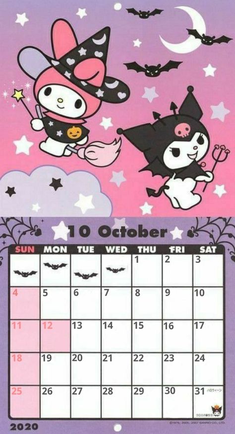 sanrio, my melody, hello kitty, kuromi, aesthetic, holloween, october Kuromi And My Melody, Melody And Kuromi, Calendar Wall, Hello Kitty Themes, Cute Calendar, Sanrio My Melody, Printable Calendar Template, Sanrio Wallpaper, Kitty Plush