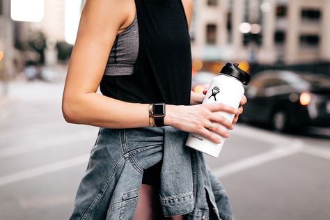 Woman Wearing Athleisure Activewear Outfit Alo Black Tank Denim Jacket Hydro Flask White Water Bottle Apple Watch Fashion Jackson San Diego Fashion Blogger Street Style Watch Outfits Women, Apple Watch Outfits Women, Apple Watch Fitness, White Water Bottle, Apple Watch Fashion, Blogger Street Style, Fashion Jackson, Watch Fashion, Wearable Tech