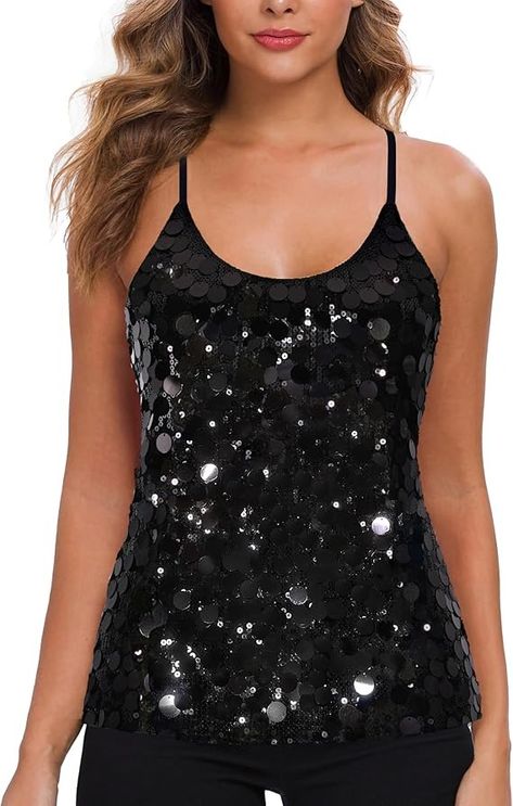 MANER Women's Contrast Sequin Tops Glitter Party Strappy Coin Tank Top Sparkle Cami (XS/US 0-2, Big Black) at Amazon Women’s Clothing store Strappy Tank Top, Glitter Top, Glitter Party, Strappy Tank Tops, Sequin Top, Amazon Women, Cami Tanks, Pharmacy Gifts, Clothing Store