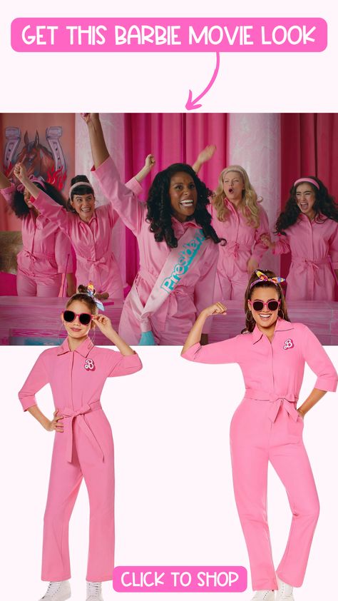 Wear this pink jumpsuit outfit from the Barbie Movie 2023 with your friends this Halloween! FTC: When you purchase using my link I may recieve a small comission at no extra cost to you Barbie Pink Jumpsuit Outfit, Barbie Movie Pink Jumpsuit, Barbie Jumpsuit Costume, Barbie Pink Jumpsuit, Barbie Jumpsuit Outfit, Costume Ideas For Friend Groups, Barbie Movie Costumes, Auction Outfits, Pink Jumpsuit Outfit