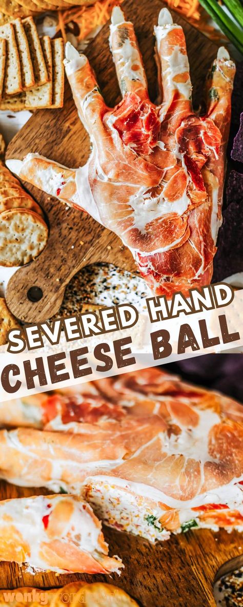 Make this SEVERED HAND HALLOWEEN APPETIZER for a creepy snack. A cheese ball shaped like a hand then covered with prosciutto will have your friends and family scared. Crostini Appetizers Halloween, Halloween Hand Cheese Board, Severed Hand Cheese Ball, Prosciutto Arm Halloween, Prosciutto Halloween Hand, Halloween Hand Appetizer, Halloween Cheese Hand, Holloween Appetizers, Scary Appetizers For Halloween