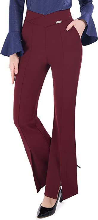 PUWEER Womens Flare Dress Pants Business Casual Crossover High Waisted Dress Slacks for Women Split Leg Work Pants with Pockets, Burgundy, Large at Amazon Women’s Clothing store Dress Slacks For Women, Dressy Business Casual, Slacks Outfit, Pants Business Casual, Women's Dress Pants, High Waisted Dress, Flare Dress Pants, Waisted Dress, Slacks For Women