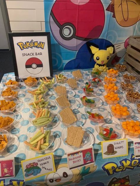 Pokemon Snack Bar, Pokemon Snacks Ideas, Pokemon Food Ideas Birthdays, Pokémon Snacks, Sand And Water Table Ideas, Pokemon Birthday Party Games, Pokemon Snacks, Dumbo Birthday Party, Birthday Pokemon