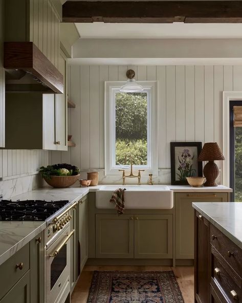 Ashley Montgomery, Farmhouse Kitchen Backsplash Ideas, Beadboard Kitchen, Shiplap Kitchen, Farmhouse Kitchen Backsplash, Shiplap Backsplash, Sage Green Kitchen, Beadboard Backsplash, Devol Kitchens