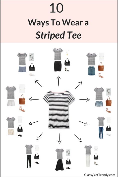 10 Ways To Wear A Striped Tee / T-Shirt - If you have a striped tee in your closet, it can be worn casual with jeans or shorts, plus it can be dressed up with a skirt, pants or with a blazer.  Even though the pattern is stripes, when the stripes are a dark navy or black, it becomes a neutral pattern that can even be worn with other patterns! Minimalist Moda, 10 Ways To Wear, Classy Yet Trendy, Mode Tips, Fashion Capsule Wardrobe, Capsule Outfits, Fashion Capsule, Minimalist Wardrobe, Travel Wardrobe