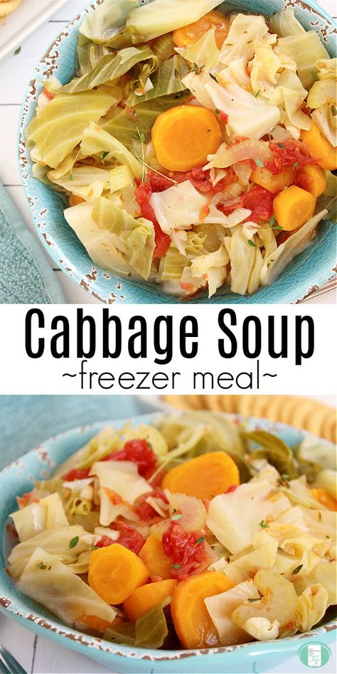 blue bowl heaped with carrots, cabbage, and stewed tomatoes. Text reads "Cabbage Soup freezer meal" #freezermeals101 #easycabbagesoup #freezersoup #cabbagesoup Simple Cabbage Soup, Healthy Delicious Soups, Vegetarian Cabbage Soup, Healthy Cabbage Soup, Soup Recipe Healthy, Healthy Low Calorie Dinner, Easy Cabbage Soup, Cabbage Soup Recipe, Best Freezer Meals