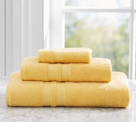 Yellow Bath Towels, Hotel Bath Towels, Yellow Bath, Best Bath Towels, Decorating Bathroom, Pink Towels, Yellow Towels, Marigold Yellow, Organic Bath Products