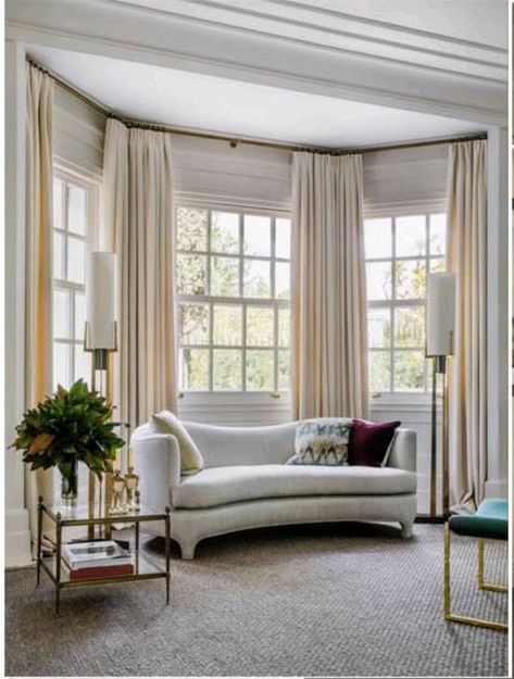 Bow Window Living Room, Curtain Rods For Bay Windows, Silver Curtain Rods, Bay Window Curtains Living Room, Window Seat Living Room, Bow Window Curtains, Big Window Curtains, Bay Window Curtain Rods, Bay Window Decor