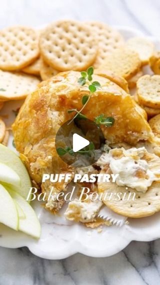 Courtney Whitmore Pizzazzerie® on Instagram: "Baked Boursin Cheese with Bacon Jam! 🧀🥓 This easy party appetizer is absolutely delicious, and if you love Baked Brie, you’ll love this one too! 🙌🏻🫶🏻 SAVE this for the holidays too! A NEW FAVE! 

Here’s what you’ll need:
- 1 sheet of puff pastry 
- Boursin Cheese (any flavor!)
- Bacon Jam 
- 1 egg (for egg wash)
- Garnishes: hot honey, fresh herbs 

Preheat the oven to 400 degrees F. Line a baking sheet with parchment paper and unroll a thawed sheet of puff pastry. Place your unwrapped @boursincheese round in the middle. Top with bacon jam (or fig jam!) and trim off a bit of excess puff pastry. Wrap the puff pastry around the cheese and pinch the seams together. Brush with egg wash and bake for about 25 minutes or until golden brown. Driz Baked Boursin Cheese With Bacon Jam, Boursin Cheese Puff Pastry Appetizers, Boursin Cheese Puff Pastry, Boursin Mushrooms, Baked Boursin Cheese, Boursin Cheese Appetizers, Baked Boursin, Courtney Whitmore, Puff Pastry Appetizers