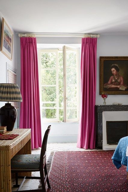 French country White Bedroom with Pink Curtains in Bedroom Decoration Ideas. French country bedroom with white walls, pink curtains, antique bamboo desk and patterned rug. Susan Deliss, Simple Headboard, Custom Lamp Shades, Houses In France, French Country Bedrooms, Pink Curtains, Country Bedroom, French Country House, Farmhouse Bedroom