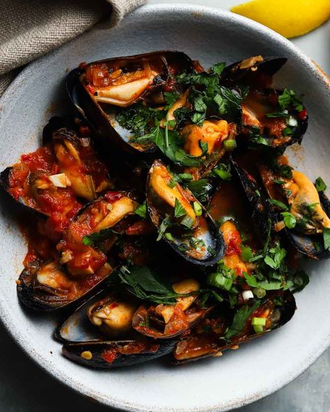 Mussels in Spicy Tomato Sauce | Lindsey Eats Chilli Mussels, Fried Scallops, Canning Crushed Tomatoes, Mussels Recipe, I'm Fat, Calabrian Chili, Spicy Tomato Sauce, Scallop Recipes, Tartar Sauce