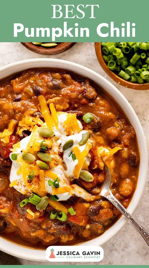 Hey there, I'm Jessica and I'm sharing my mouthwatering pumpkin chili recipe with you today! This savory and cozy dish is a delightful blend of tender pumpkin chunks, protein-packed black beans, and hearty ground turkey with a touch of warm spices like cumin and chili powder. It's the perfect autumn comfort food that will leave you feeling satisfied and warm from the inside out. Pin it now and let the fall flavors take over your kitchen! via @foodiegavin Ground Beef Pumpkin Chili, Best Pumpkin Chili Recipe, Chili Pumpkin Recipe, Pumpkin Chili Turkey, Ground Turkey Pumpkin Chili, Fall Chilli Recipes, Autumn Chili, Fall Chili Recipes, Chili With Pumpkin