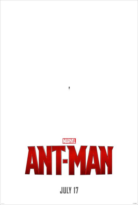 Principle of Design: White Space  The movie poster is predominantly white except for the movie title, date of release and the extremely small image of Ant-Man in the middle of the poster. White space is used here to direct the viewer's attention to be directed straight to the movie title first before looking at any other part of the poster. Ant Man Poster, Ant Man Film, Ant Man 2015, Ant Man Movie, John Slattery, Marvel Movie Posters, The Marvels, Batman Poster, Best Movie Posters