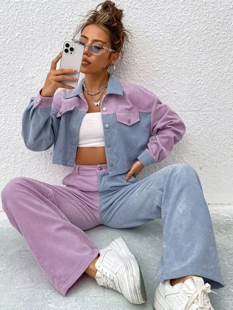 Two Tone Drop Shoulder Crop Jacket & High Waist Pants | SHEIN USA Colored Pants Outfits, High Waist Pants, Colored Pants, Streetwear Fashion Women, Jacket Pattern, Casual Sets, High Waisted Trousers, Waist Pants, Crop Jacket