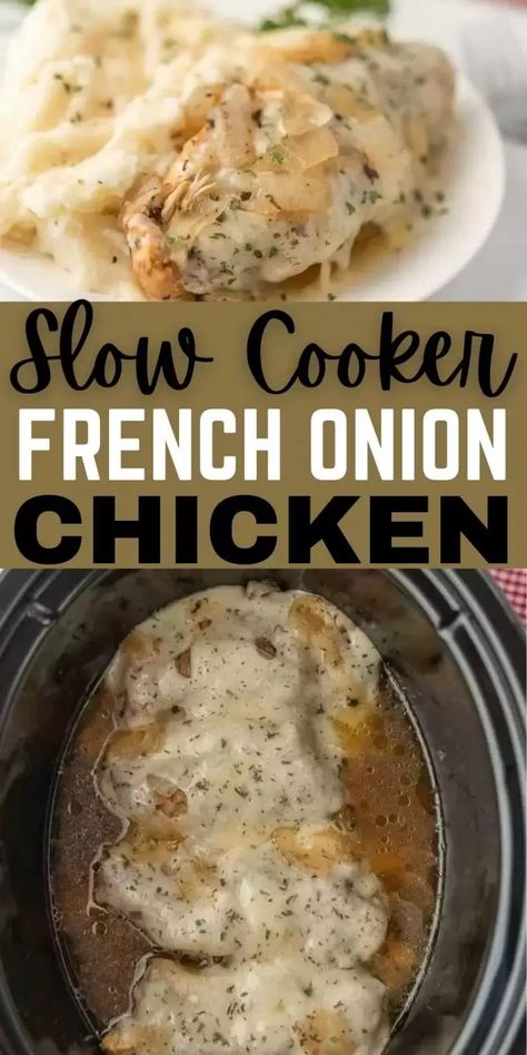 If you love french onion soup, Crock Pot French Onion Chicken Recipe is a must try. French Onion Chicken is tender and delicious. Plus, so easy! #eatingonadime #crockpotrecipes #slowcookerrecipes #chickenrecipes Chicken And Lipton Onion Soup Crock Pot, Chicken And Onion Crockpot Recipes, Crockpot Chicken With Lipton Onion Soup, Recipes Using Campbells French Onion Soup, French Onion Chicken Crockpot, Crock Pot Cooking Crockpot Meals Simple, Nichole Huntsman, Recipe Using French Onion Soup, Crock Pot French Onion Chicken