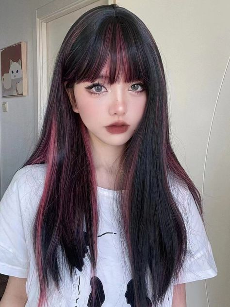 Money Piece Split Dye, Light Front Bangs With Long Hair, Hair Color For Bangs, Hair Highlights With Bangs, Brown Hair With Color Highlights, Bangs Colored Hair, Highlights In Bangs, Colored Hair With Bangs, Colored Highlights In Black Hair