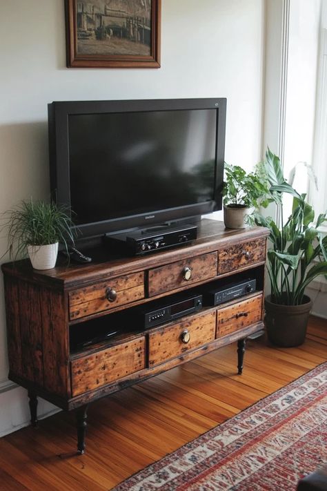 "Transform your living room with a Repurposed Dresser TV Stand! 🛠️📺 Ideal for adding charm and practicality. 🌿✨ #UpcycledFurniture #DIYProjects #LivingRoomDesign" Dresser To A Tv Stand, Dresser Tv Stand Living Room, Dresser Into Tv Stand, Antique Tv Stand, Cottage Core Apartment, Antique Tv Stands, Diy Tv Stand Ideas, Vintage Tv Stand, Tv Stand Decor Ideas