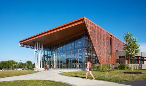 Gallery of Route 9 Library / Perkins and Will - 2 Architectural Library, Modern Libraries, Library Entrance, Building Texture, Tiny Library, Diagnostic Centre, School Library Design, Campus Design, Hospital Architecture